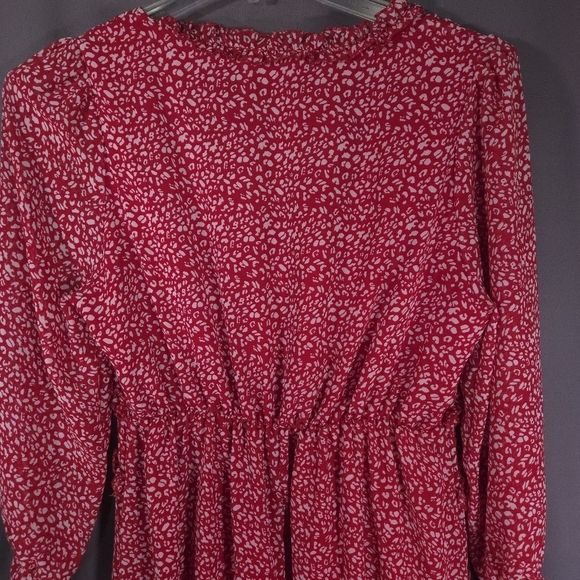 Mopogoss Chiffon Ruffle Dress Size Large Red and White Leopard Print Long Sleeve - Picture 8 of 13